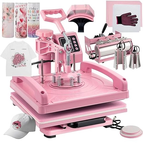 Leomru 8 in 1 Heat Press Machine 15x15 Inch, Heat Press Machine for T Shirts Hat Cap Mug Plate 360° Swing Away, Sublimation Heat Press Heat Transfer Machine W/ 30OZ Tumbler Press Pink