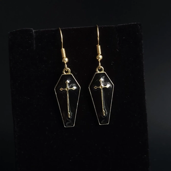 Black Coffin Earrings | Gothic Jewellery, Casket Charm with Gold Cross Detail, Goth Gift Idea