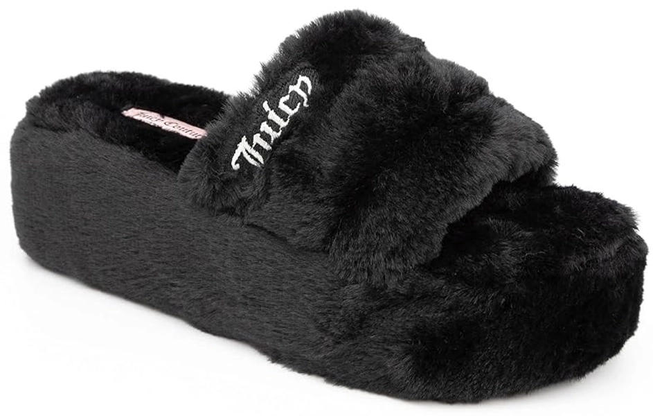 Juicy Couture Women's Faux Fur Platform Slippers – Fluffy Cozy Indoor Outdoor Slip-On House Shoes