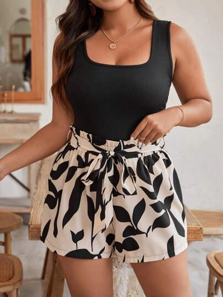 Frenchy Leisure Vacational Style Solid Color Square Neck Vest And Printed Tie-Front Shorts Set