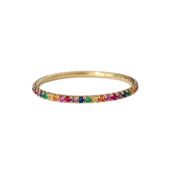 Rainbow Sapphire Full  Micro Pavé 14K Solid Gold Stack Eternity Band Ring (Real Colored Gemstone Stackable Dainty Stacking Band Ring)