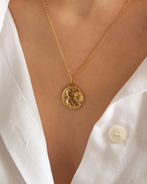 Sun and Moon Vintage Necklace | 18K Gold Plated, Celestial Zodiac Necklace, Sun Moon Necklace, Crescent Moon Necklace, Gold Moon Necklace