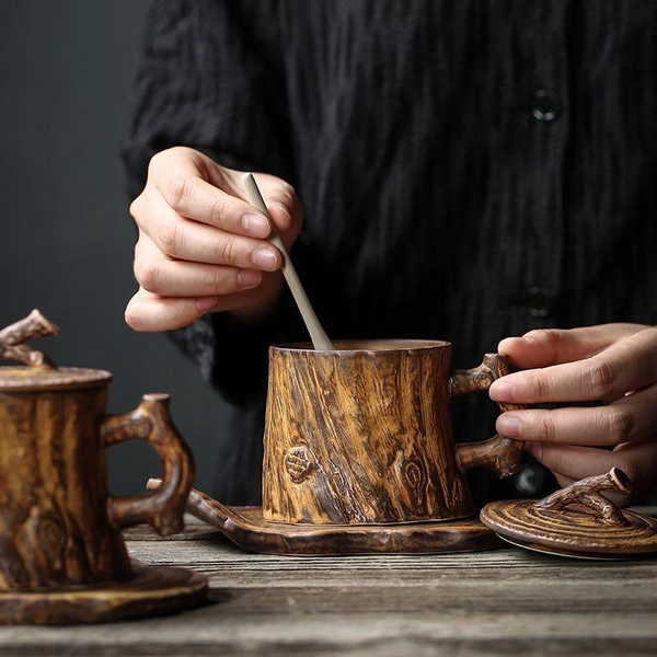 Handmade ceramic imitation tree pattern cup coffee cup custom mug