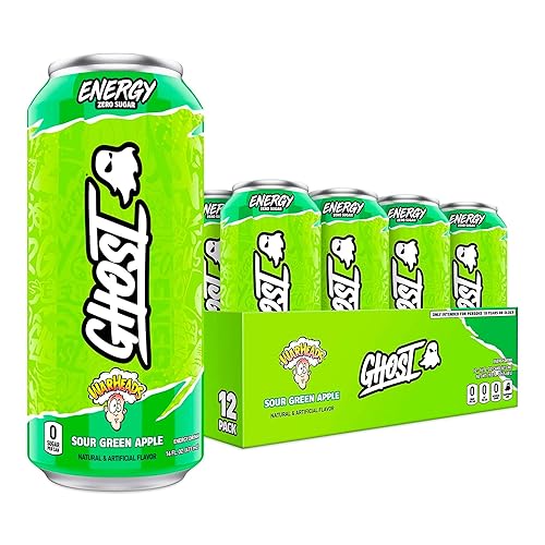 GHOST Energy Drink - 12-Pack, Warheads Sour Green Apple, 16oz - Energy & Focus & No Artificial Colors - 200mg of Natural Caffeine, L-Carnitine & Taurine - Gluten-Free & Vegan - WARHEADS Sour Green Apple