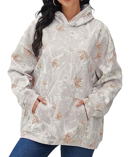 Eutten Womens Camo Hoodies Maple Leaf Print Oversized Hooded Sweatshirt Fleece Pullover Sweatshirts Long Sleeve with Pocket - Large - Grey