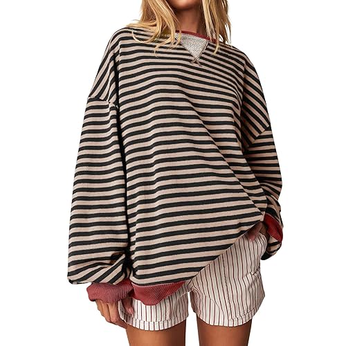 wkind olades Women Striped Oversized Sweatshirt Color Block Crew Neck Long Sleeve Shirt Casual Loose Pullover Top Y2K Clothes - A05-khaki - Medium
