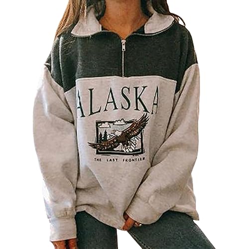 YEMOCILE Women Novelty ALASKA Letter Print Stand Collar Hoodie Vintage Long Sleeve Sweatshirt Pullover - Medium - Green