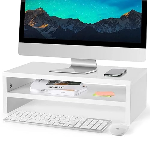 Astoryou Wood Monitor Stand, 2 Tiers White Monitor Stand for Desks, Ergonomic Computer Stand Monitor Riser for Laptop Computer iMac PC Printer(42 x 24 x 13.5cm)