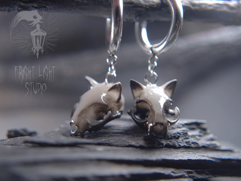 Handmade Cat Skull Hoop Earrings | Ghost | Resin | Gothic Punk Style | Hypoallergenic | Cat Skull with Ears