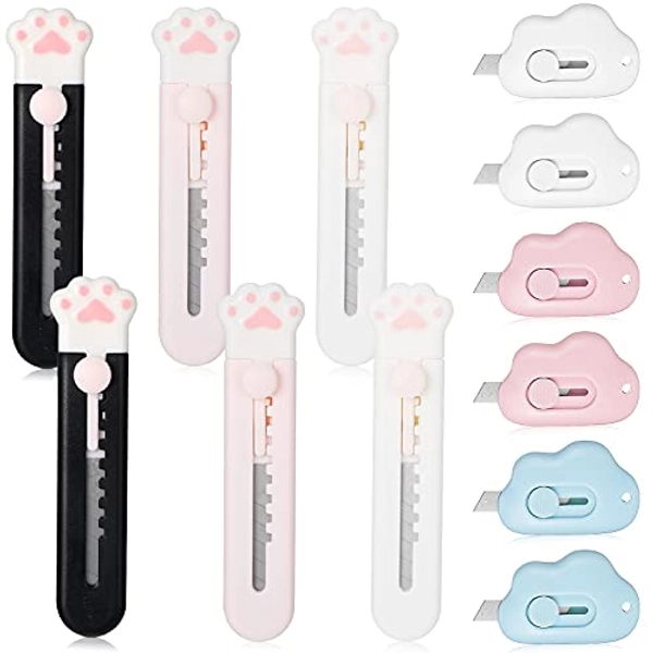 12 Pieces Cute Box Cutter Utility Retractable Knives, 6 Cartoon Cat Claw Box Cutters Pointed, 6 Cloud Pointed Cute Cardboard Cutter Razor Knife Smooth Pointed Mechanism for Office and Home Use