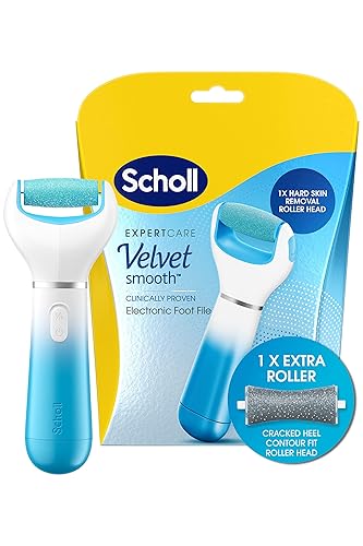 Scholl Velvet Smooth Electric Foot File with Cracked Heel Roller Refill - Pedicure Foot File System for Hard Skin and Callus Removal - Includes Velvet Smooth Roller and Cracked Heel Roller - Blue - 1 count (Pack of 1)