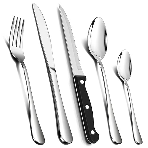24 Piece Cutlery Sets with 6 Piece Steak Knives, Homikit Stainless Steel 30-Piece Silver Cutlery Flatware Set, Dinnerware Fork Knife Spoon Set Service for 6, Mirror Finished & Dishwasher Safe - Silver