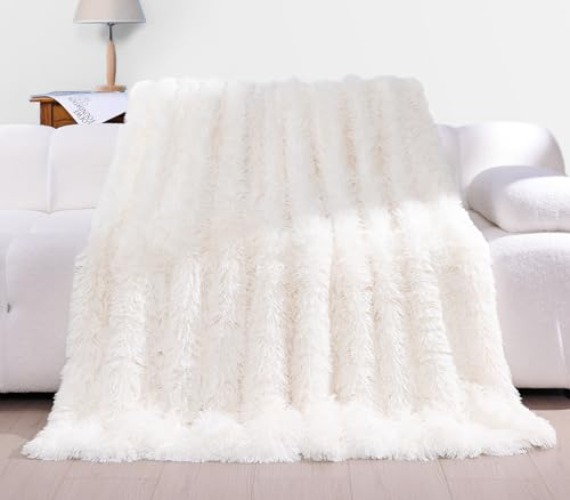 KANKAEU Couverture 160x200 cm, Plaid Polaire Super Douce et Duveteux, Fausse Fourrure Haute Qualité, Chaude et Confortable, Couvre-Lits et Canape, Blanc Crème - Blanc Crème - 160x200 cm