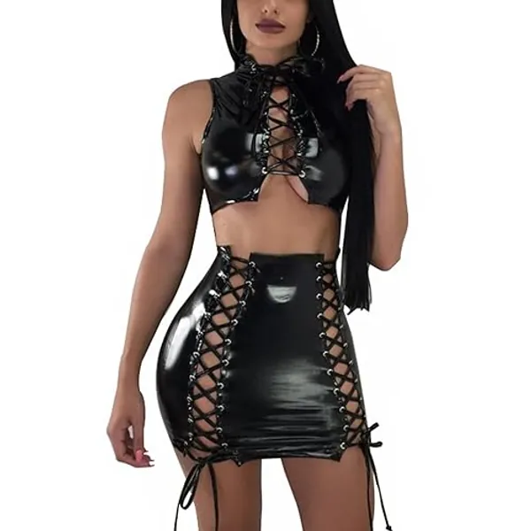 VWIWV Women's Bandage Faux Leather Dress Criss Cross 2 Piece Lace Up Crop Top and Bodycon Mini Skirt Sets Outfits - Medium - Black