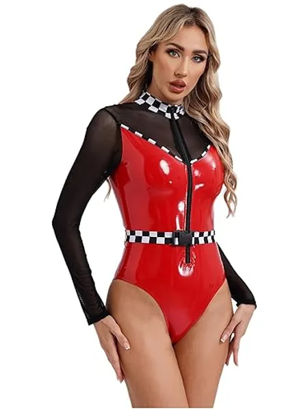 winying Women Speed Race Car Driver Romper Patent Leather Long Sleeve Bodysuit Racing Suit Fancy Dress - Red - Medium