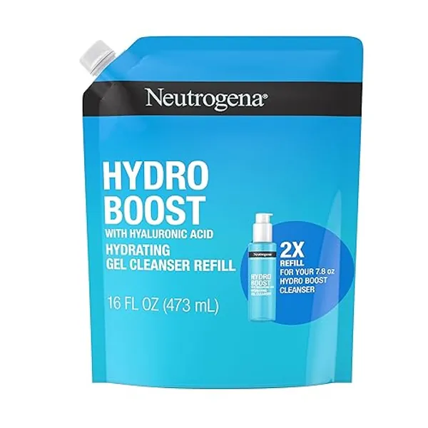 Neutrogena Hydro Boost Lightweight Hydrating Facial Cleansing Gel, Gentle Face Wash & Makeup Remover with Hyaluronic Acid, Hypoallergenic & Non Comedogenic, Refill Pouch, 16 fl. oz - 16 Fl Oz (Pack of 1)