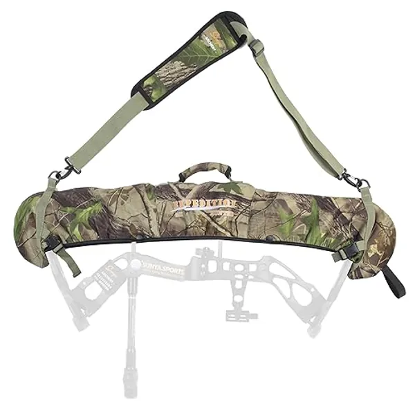 SUNYA Neoprene Compound Bow Sling, Silent Hunting or Fast Movement 2 Carrying Modes Switchable. Removable & Adjustable Shoulder Strap. Camouflage Fabric. - Camo with Green Strap