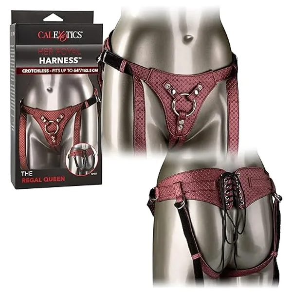 CalExotics Her Royal Harness The Regal Queen Adjustable Designer BDSM Probe Strap On Thong Harness Sex Toy Lingerie for Couples and Women, Red, 1 Count - Bronze