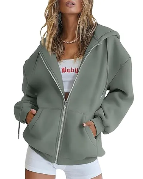 Trendy Queen Womens Zip Up Hoodies Oversized Sweatshirts Fall Fashion Outfits Sweaters Casual Jackets 2024 Winter Clothes - Medium - Lightgreen