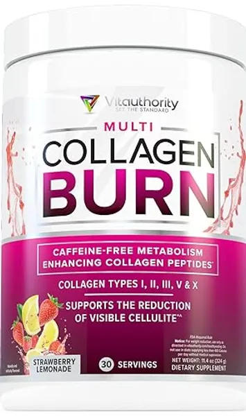 Multi Collagen Burn: Multi-Type Hydrolyzed Collagen Protein Peptides with Hyaluronic Acid, Vitamin C, SOD B Dimpless, Types I, II, III, V and X Collagen, Caffeine-Free (Strawberry Lemonade) - Strawberry Lemonade