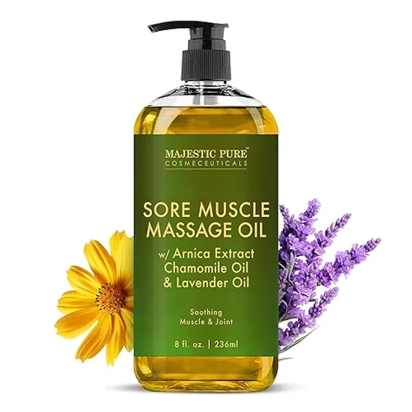 MAJESTIC PURE Arnica Sore Muscle Massage Oil for Massage Therapy - Natural Oil with Lavender and Chamomile Essential Oils - Multipurpose Instant Absorption Full Body Massage Oil - 8 fl. oz - Arnica Massage Oil (Pack of 1)