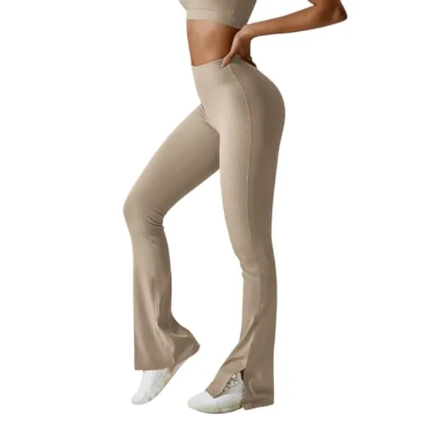 ABOCIW Women Ribbed Seamless Slit Hem Flared Leggings High Waist Bootcut Yoga Pants Tummy Control Workout Bootleg Pants
