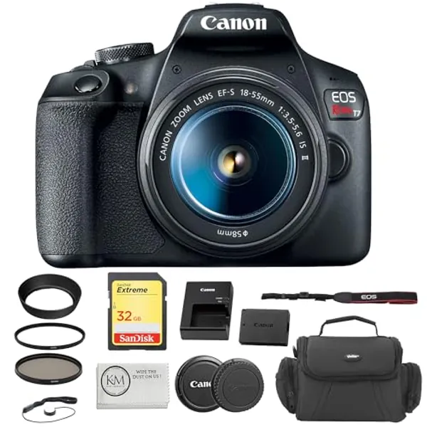 Canon EOS Rebel T7 DSLR Camera with 18-55mm Lens Bundled with 32GB Memory Card + Camera Bag + 58mm UV & CPL Filter + Lens Hood + Lens Cap Keeper + Microfiber Cleaning Cloth (8 Items)