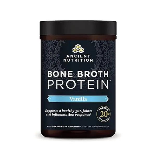 Ancient Nutrition Protein Powder Made from Real Chicken and Beef Bone Broth, Vanilla, 20g Protein Per Serving, 20 Serving Tub, Gluten Free Hydrolyzed Collagen Peptides Supplement - Vanilla - 20 Servings (Pack of 1)