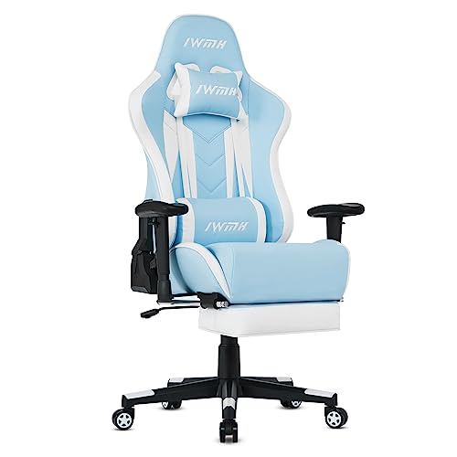 IWMH Gaming Chair, Ergonomic Gamer Chair, Office Chair with Footrest, High Back Reclining Computer Desk Chair for Home Office, Adjustable Leather Racing Chair with Headrest Lumbar Support (Light Blue) - Light Blue