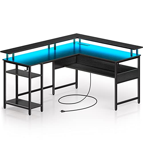 Rolanstar Computer Desk L Shaped 59'' with LED Lights and Power Outlets, Reversible L Shaped Gaming Desk with Monitor Stand, Home Office Desk with Storage, 59 inch Desk with USB Port and Hook, Black - Black