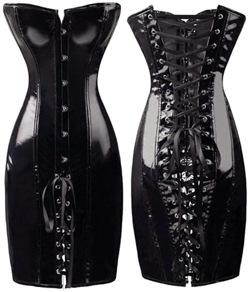 KHDFYER Sexy Costumes for Women Gothic Sexy Shiny Long Leather Wetlook Off Shoulder Bodycon Dress PVC Latex Corset Dress Party Night Club Vestidos
