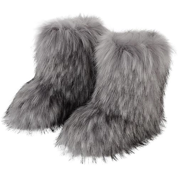 Valpeak Snow Boots for Women 2024 Furry Boots Winter Knee High Flat Heel Fluffy Faux Fur Boots
