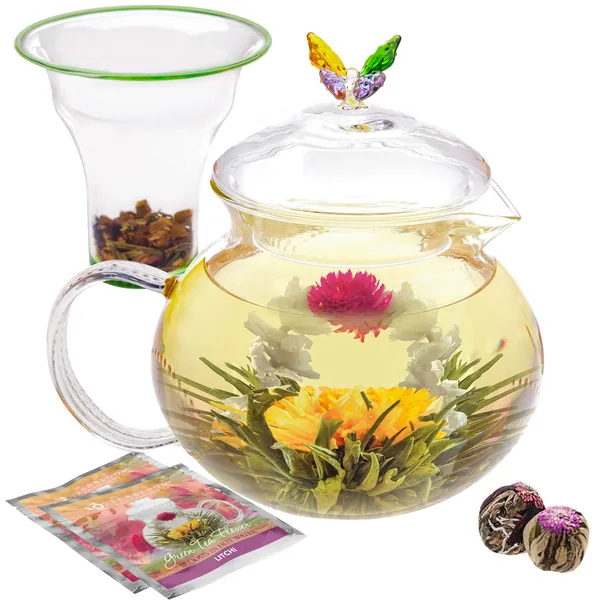 Teabloom Wings of Love Teapot - 40 oz. Borosilicate Glass Butterfly Teapot, Loose Leaf Tea Glass Infuser - 2 Free Blooming Tea Flowers included - 