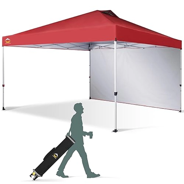 CROWN SHADES 12x12 Pop Up Canopy Tent Instant Commercial with 150D Silver Coated Fabric Including 1 Removable Sidewall, 4 Ropes, 8 Stakes, Weight Bags, STO 'N Go Bag, Red - 12x12 - Red