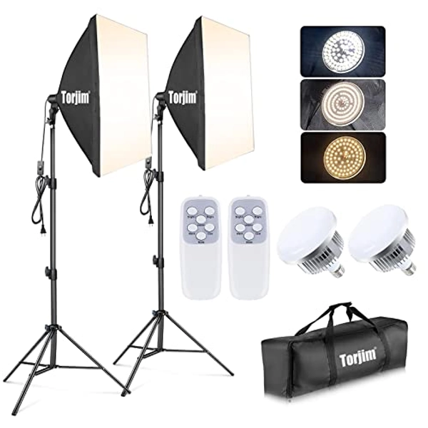 Torjim Softbox Photography Lighting Kit, 2Pcs 27" x 27" Professional Soft Box | 3000K-7500K 85W LED Bulbs with Remote, Photography Continuous Lighting Kit for Studio Lights, Portrait, Video Recording
