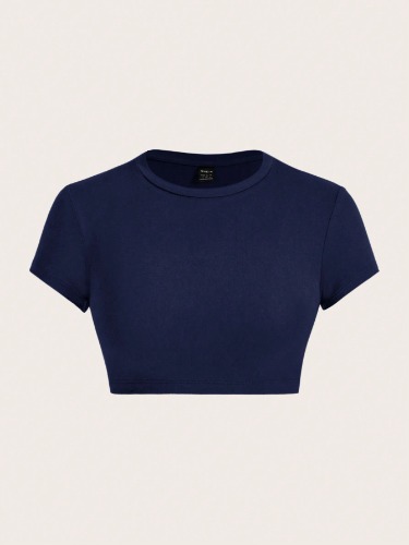 SHEIN ICON Navy Blue Casual Round Neck Short Sleeve Fitted Cropped Women T-Shirt, Suitable For Summer