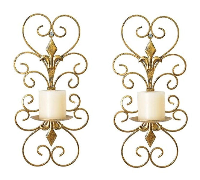 JUCONSIN Set of 2 Wall Sconces Candle Holders Metal Wall Decoration Hanging Wall Mounted Candle Sconces for Home Decor Bedroom Dining Room, Antique Gold