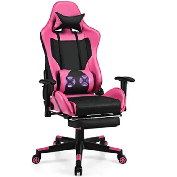 Costway - Racing Massage Gaming Chair with Footrest - Pink + Black
