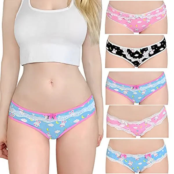 Littleforbig Women's Ladies Soft Cotton Underwear Comfortable Hipster Briefs 5 Colorful Pack Panties Set - Bedtime Bunny