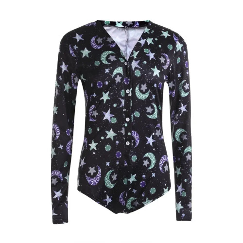 Kawaii Black Star and Moon Long Sleeve Sleeper Bodysuit - S