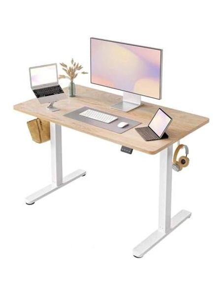 Height Adjustable Electric Standing Desk, 100 * 60 Cm Stand Up Table, Sit Stand Home Office Desk With Splice Board, Black Frame/Rustic Brown Top