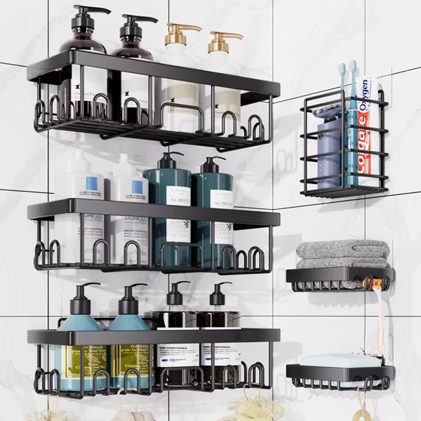 Ophanie Adhesive Shower Caddy 6 Pack, Large Capacity Bathroom Organizers and Storage, No Drilling Wall-Mounted Basket, Black