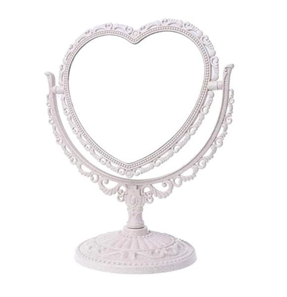 AKOAK 1 Pack Simple and Lovely Heart-Shaped Cosmetic Mirror Plastic Double-Sided Rotatable Dresser Mirror Lightweight Mirror Bathroom Bedroom Mirror （Four-Color） (Beige)