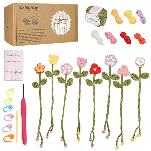 WaldyWop Crochet Kit for Beginners - 8 Flower Bookmarks Crocheting Kit w/Step-by-Step Video Tutorials & Soft Yarn and Hooks - Wobbles Crochet Starter Kit for Adults Kids, Ideal Gifts for Women