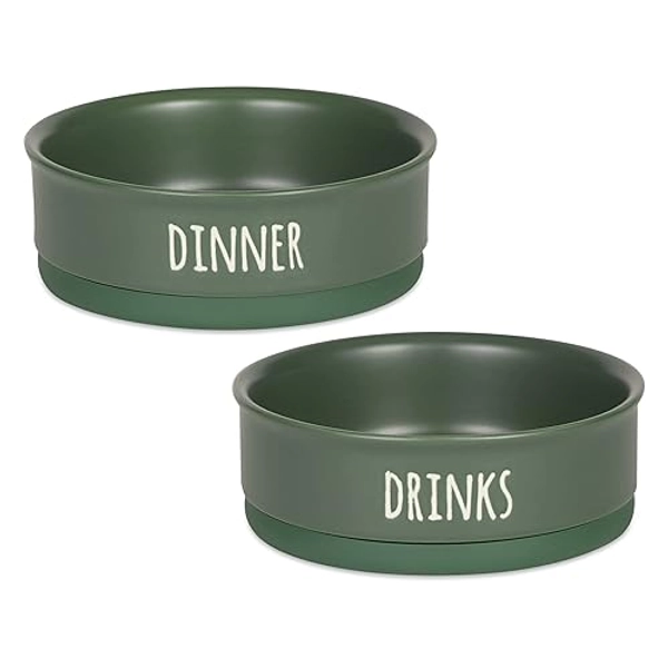 Bone Dry Ceramic Pet Bowls for Dogs & Cats Dishwasher & Microwave Safe, Non-Slip Bottom for Secure Feeding with Less Mess, Medium Set, 6x2, Hunter Green, 2 Count
