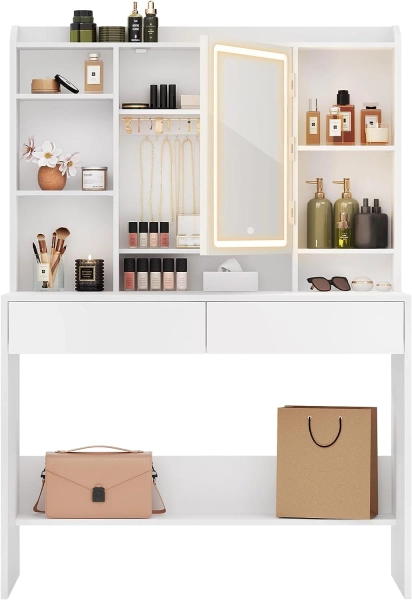 Sminkebord med LED-belysning, speil, 2 skuffer, flere rom