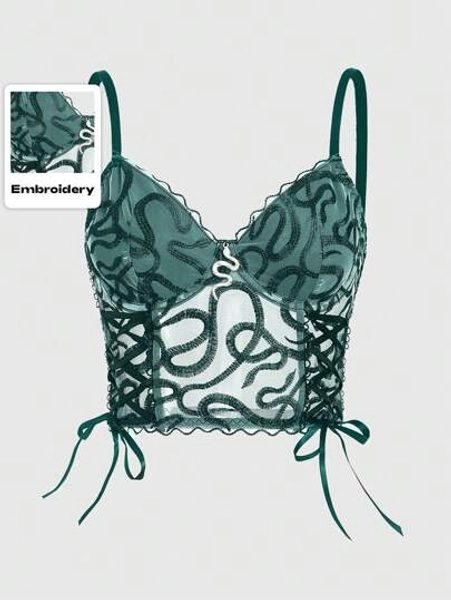 ROMWE Goth Sexy Snake Embroidery Tie-Up Sheer Lace Mesh Cami Top For Women Graphic Tees Women Tops