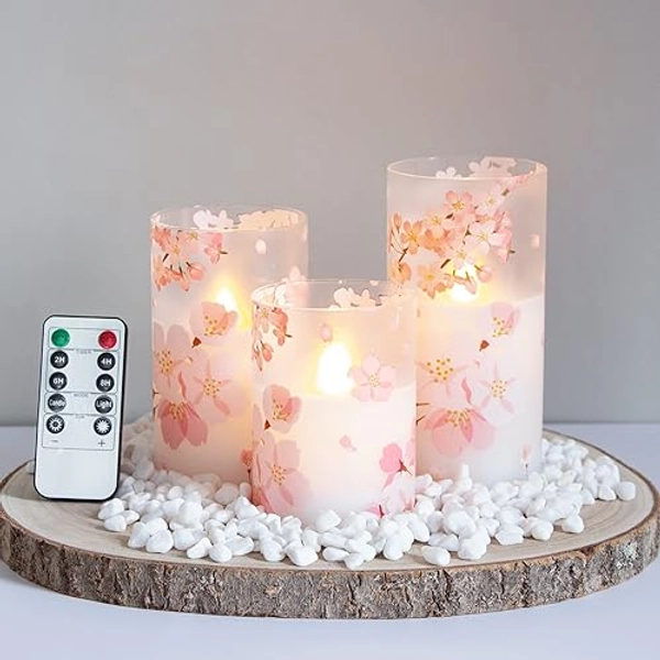 Mavandes Flameless Flickering Glass Candles with Remote and Timer,Cherry Blossoms LED Battery Operated Real Wax Set of 3 Realistic Wick Electric Pillar Candles,Warm Fire(3 x 4, 5, 6 Inches)
