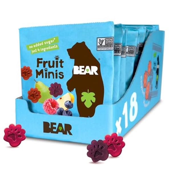BEAR Real Fruit Snack Minis, Raspberry/Blueberry, No added Sugar, All Natural, Bite Sized Snacks for Kids, Non GMO, Gluten Free, Vegan, 0.7 Oz (Pack of 18)