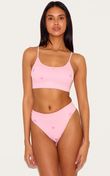 Pink Heart Print Ribbed Scoop Neck Bralette